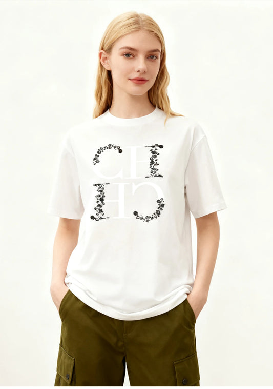 CH Letter Printed Fashionable Black T-shirt Trendy Streetwear Fashionable Men's and Women's Casual Loose Short Sleeved Top