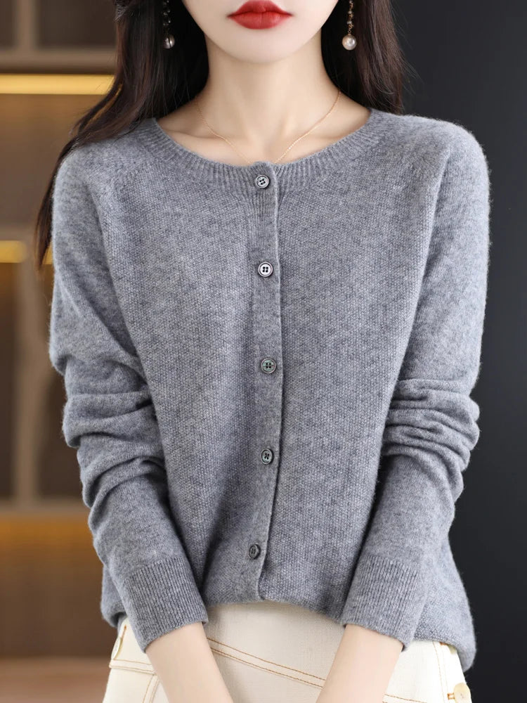 2026 New Chic Women's Basic O-neck Cardigan 100% Merino Wool Sweater Soft Grace Knitwear CoatSpring Autumn Female Clothes Tops
