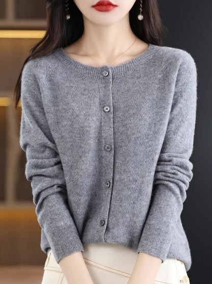 2026 New Chic Women's Basic O-neck Cardigan 100% Merino Wool Sweater Soft Grace Knitwear CoatSpring Autumn Female Clothes Tops