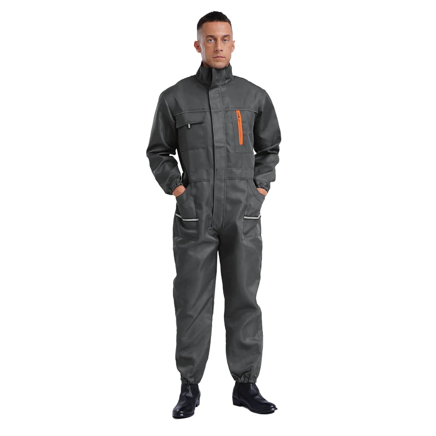 Men Resistant Coveralls Work Uniforms for Factory Workshop Stand Collar Long Sleeve Multi-pockets One-piece Jumpsuit Worker Wear