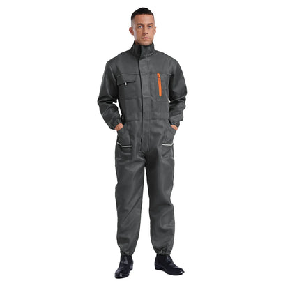 Men Resistant Coveralls Work Uniforms for Factory Workshop Stand Collar Long Sleeve Multi-pockets One-piece Jumpsuit Worker Wear