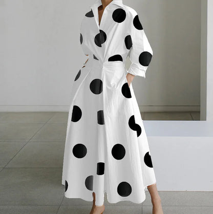 Autumn Dress Long Sleeve Dot Print Elegant Maxi Dresses For Women 2025 White Casual V Neck Shirt Party Long Dress Robe Femme