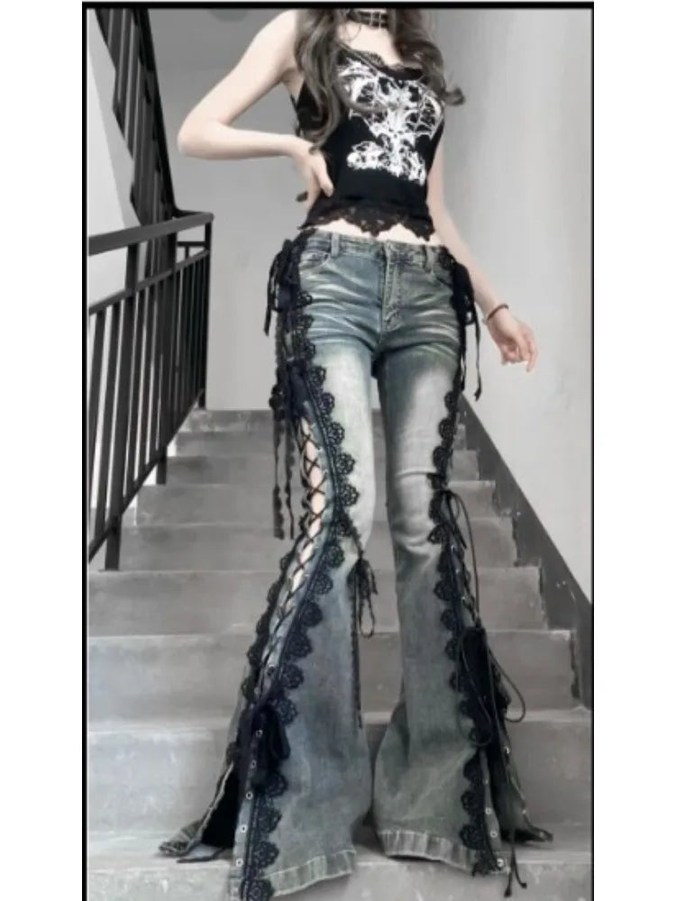 Retro Eyelets Lace Up Flare Jeans Stitch Lace Whiskers Slim Low Rise Split Bootcut Pants Women Bell Bottoms Streetwear