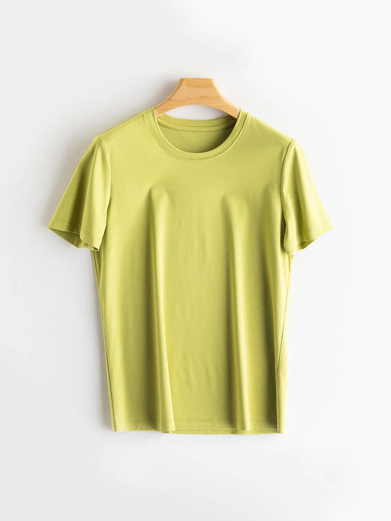 SuyaDream Women Solid T shirts, Silk Cotton Blend, O Neck, Short Sleeved Solid Tee,2026 Summer Candy Colors Basic Cozy Top Green