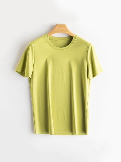 SuyaDream Women Solid T shirts, Silk Cotton Blend, O Neck, Short Sleeved Solid Tee,2026 Summer Candy Colors Basic Cozy Top Green