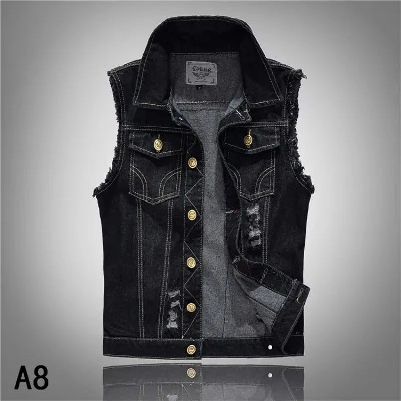 Men Slim Denim Vests Waistcoats Jackets Fashion Male Blue Fit Denim Coats Vests Large Size Punk Style Holes Jeans Vest Size 6XL
