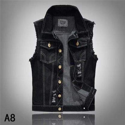 Men Slim Denim Vests Waistcoats Jackets Fashion Male Blue Fit Denim Coats Vests Large Size Punk Style Holes Jeans Vest Size 6XL