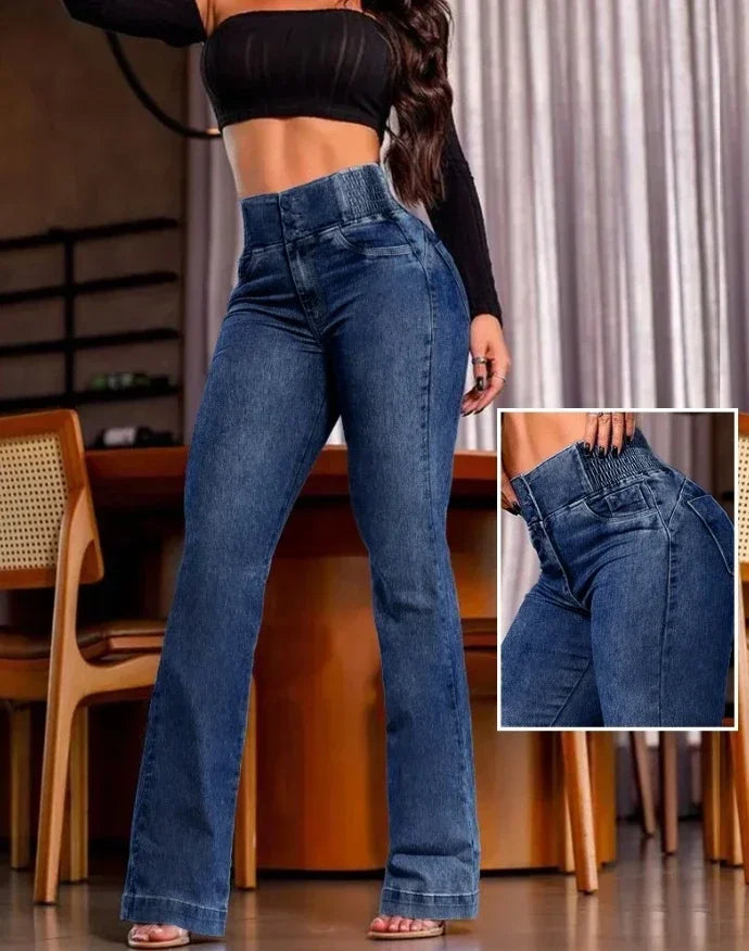 ALLUKASA 2026 autumn winter  Elegant High Waist Button Front Casual Female Jeans Sexy  Fashion Back Shirred Trouser Bottom