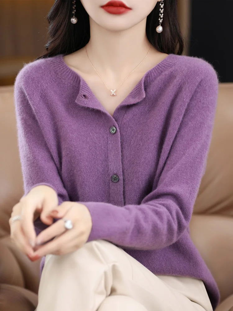 2026 New Chic Women's Basic O-neck Cardigan 100% Merino Wool Sweater Soft Grace Knitwear CoatSpring Autumn Female Clothes Tops