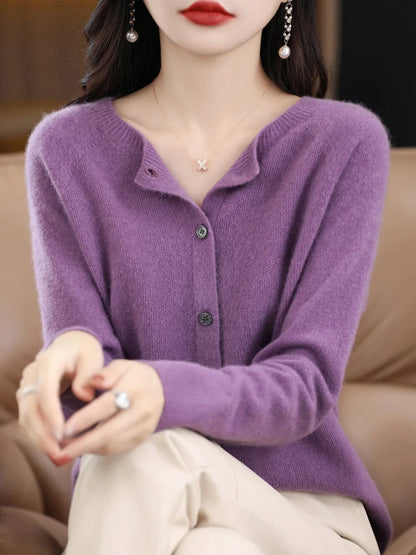 2026 New Chic Women's Basic O-neck Cardigan 100% Merino Wool Sweater Soft Grace Knitwear CoatSpring Autumn Female Clothes Tops
