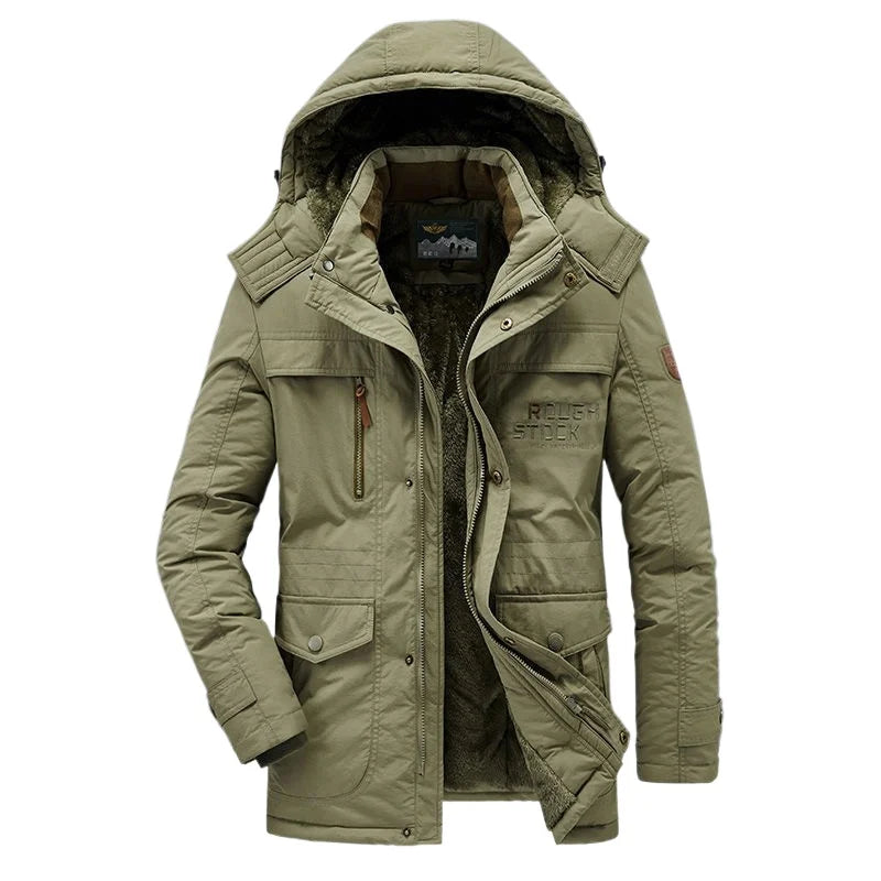 New Winter Men Hooded Casual Down Jackets Fleece Warm Long Parkas Tooling Jackets Good Quality Male Outdoors Winter Coats Size 5