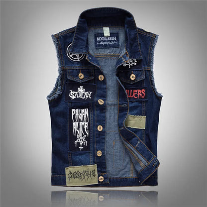 Men Ripped Denim Waistcoats Vests Jackets Light Blue Holes Denim Coats Vests New Fashion Male Cotton Slim Jeans Waistcoats 5XL
