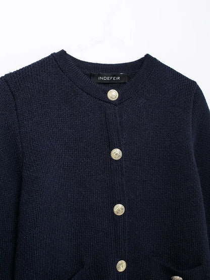 Women's Winter Slim Short Knitted Cardigan Jacket Retro Round Neck Gold Breasted Decoration Elegant Women's Casual Jacket