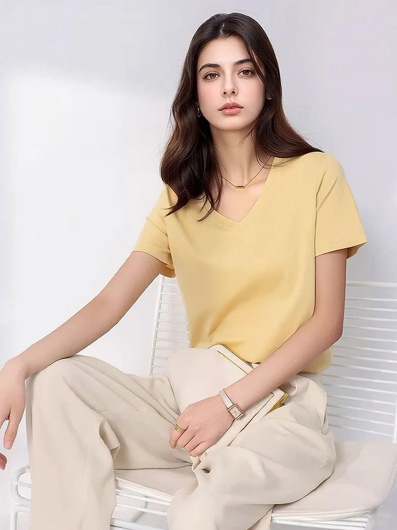 SuyaDream Women Solid T shirts, Silk Cotton Blend, O Neck, Short Sleeved Solid Tee,2026 Summer Candy Colors Basic Cozy Top Green