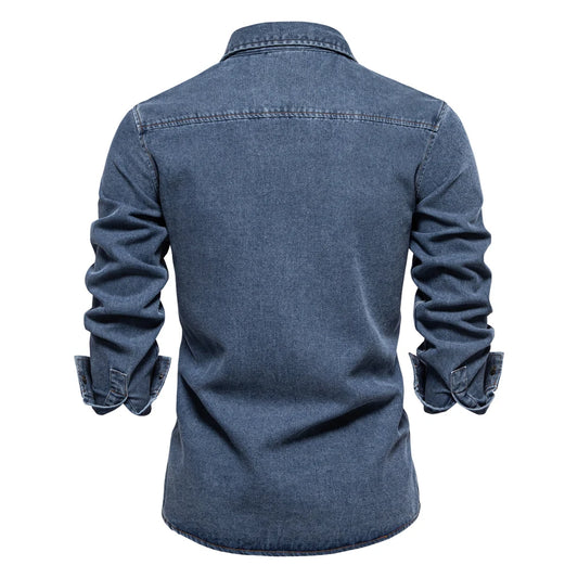 AIOPESON Mens 100% Cotton Denim Shirts Autumn Thick Cowboy High Quality Male Shirt Solid Color Button Casual Jeans Shirt