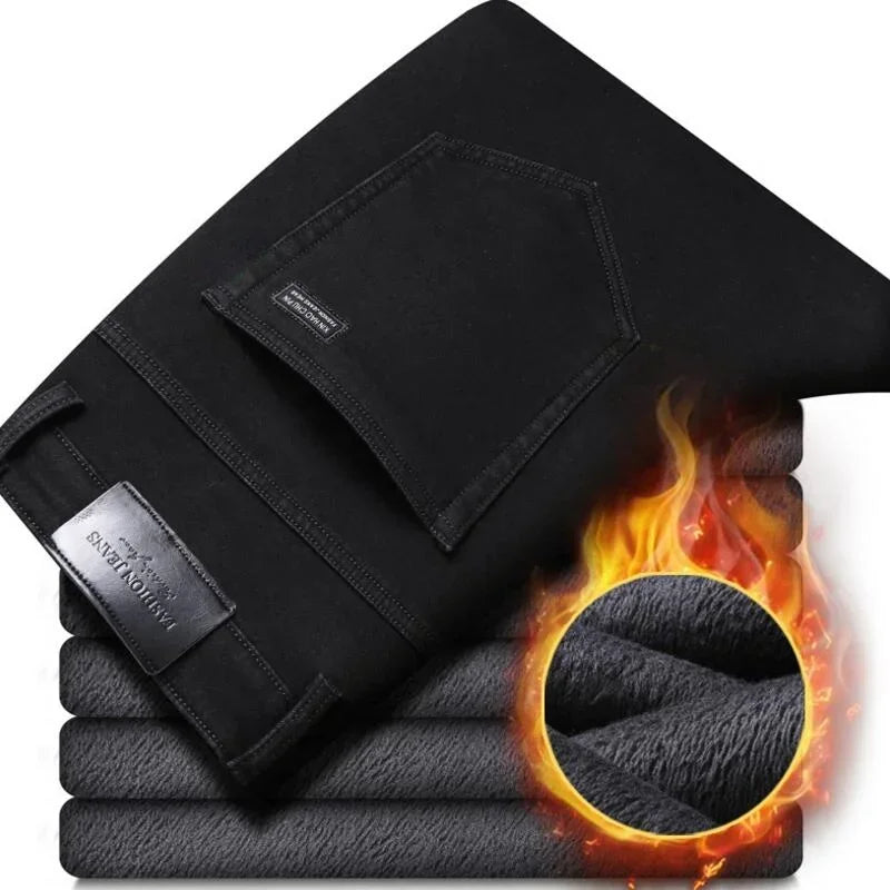 New Winter Men Black Fleece Denim Jeans Thicker Warm Jeans Pants Good Quality Male Stretch Straight Fit Long Jeans Trousers 40