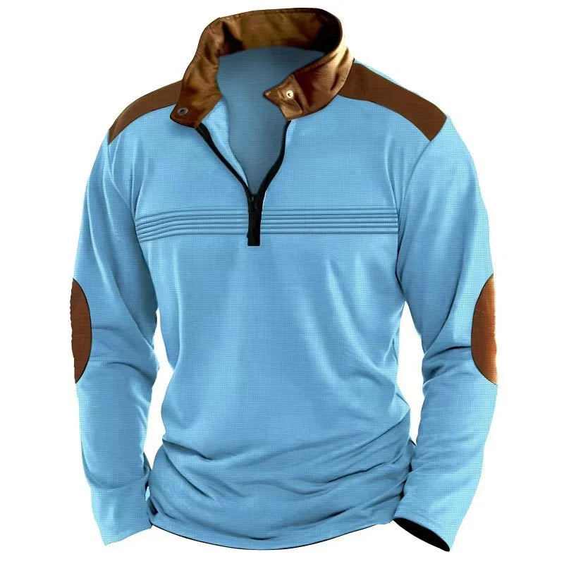 Men's contrasting half-zip stand-up collar long-sleeved top with European and American retro elbow patch design casual pullover