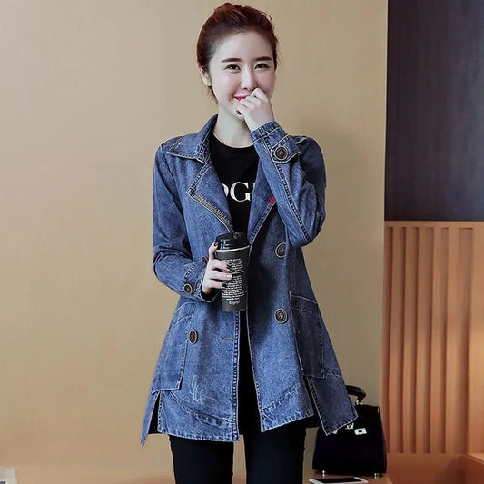 WTEMPO Women Long Sleeve Collared Jean Outcoat Split Mid Long Blue Denim Shacket Jacket Slide Side Blazer with Pockets