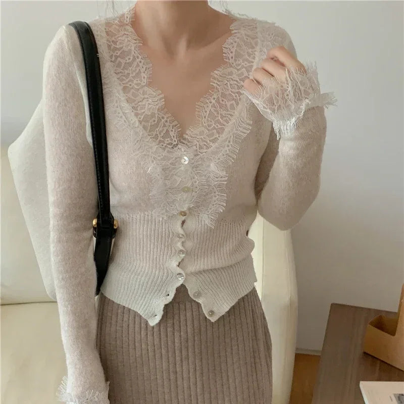 Seoulish Vintage Lace Knitted Cardigans for Women 2026 New Autumn Winter Solid Casual Slim Korean Style Ladies Tops Female