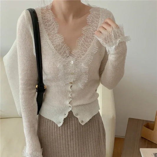 Seoulish Vintage Lace Knitted Cardigans for Women 2026 New Autumn Winter Solid Casual Slim Korean Style Ladies Tops Female