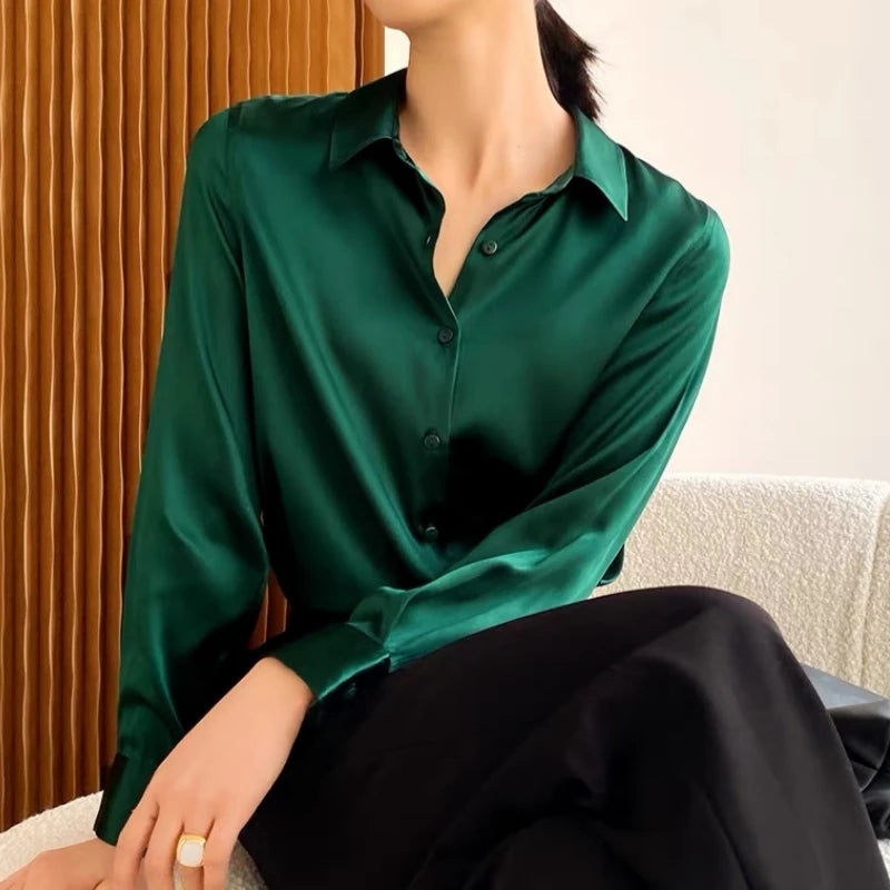 Spring Autumn Elegant Satin Women's Blouse 2026 New Long Sleeve Turn-down Collar Korean Casual Loose Office Lady Shirts Female
