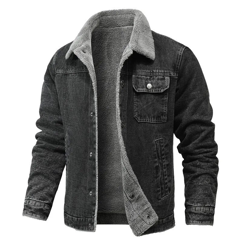 Chaqueta de invierno para hombre, chaqueta vaquera gruesa con solapa de pelo de cordero, chaqueta acolchada de algodón cálida informal ajustada de alta calidad para hombre