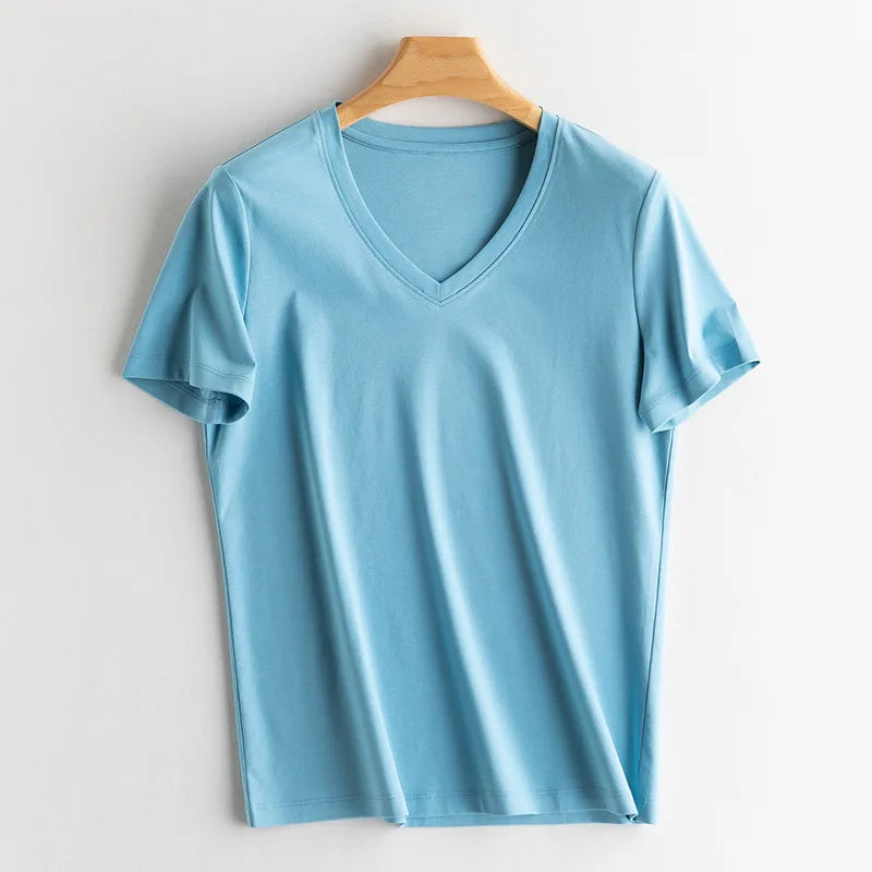 SuyaDream Women Solid T shirts, Silk Cotton Blend, O Neck, Short Sleeved Solid Tee,2026 Summer Candy Colors Basic Cozy Top Green
