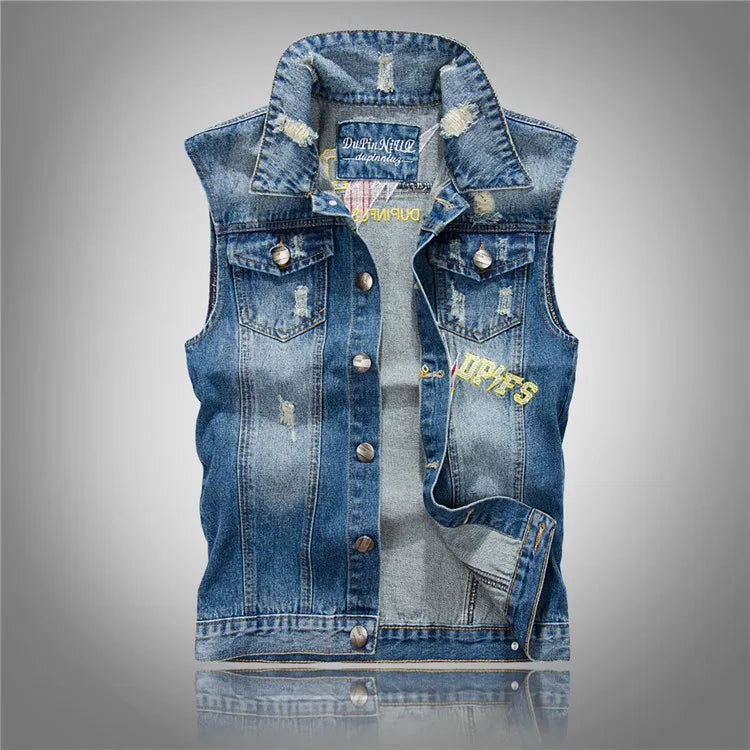 New Fashion Men Light Blue Holes Denim Vests Ripped Denim Sleeveless Jackets Waistcoats Male Cotton Slim Jeans Waistcoats 5XL