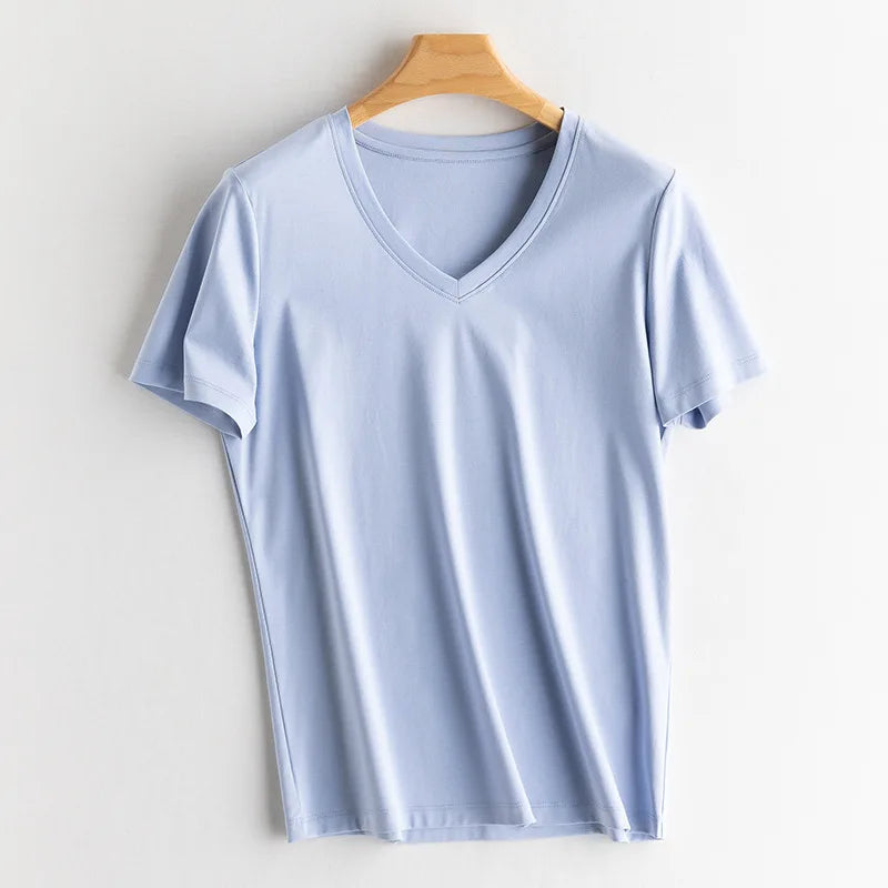 SuyaDream Women Solid T shirts, Silk Cotton Blend, O Neck, Short Sleeved Solid Tee,2026 Summer Candy Colors Basic Cozy Top Green