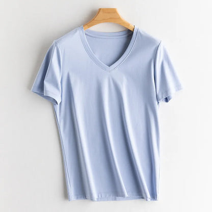 SuyaDream Women Solid T shirts, Silk Cotton Blend, O Neck, Short Sleeved Solid Tee,2026 Summer Candy Colors Basic Cozy Top Green