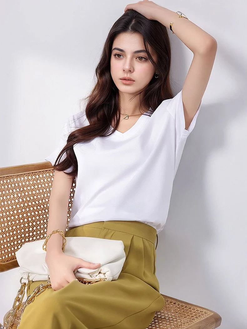 SuyaDream Women Solid T shirts, Silk Cotton Blend, O Neck, Short Sleeved Solid Tee,2026 Summer Candy Colors Basic Cozy Top Green