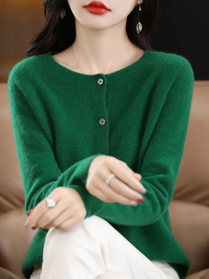 2026 New Chic Women's Basic O-neck Cardigan 100% Merino Wool Sweater Soft Grace Knitwear CoatSpring Autumn Female Clothes Tops