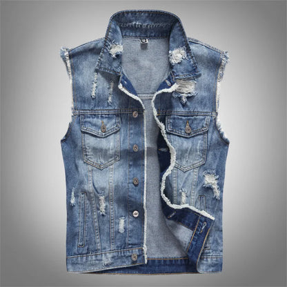 Men Ripped Denim Waistcoats Vests Jackets Light Blue Holes Denim Coats Vests New Fashion Male Cotton Slim Jeans Waistcoats 5XL