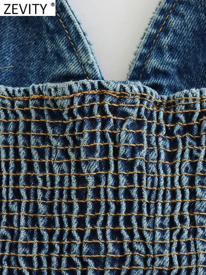 Zevity Women Fashion V Neck Single Breasted Denim Sling Smock Blouse Femme Chic Back Elastic Shirt Blusas Sim Crop Tops LS3773