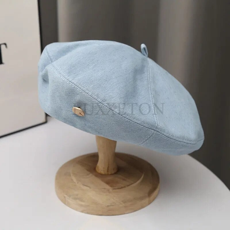 Boinas de mezclilla sombrero Retro Casual primavera y verano sombra pintor gorra alfabeto coreano boina azul sombreros de mujer