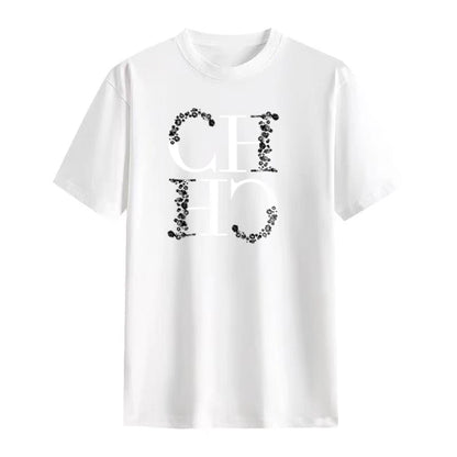 CH Letter Printed Fashionable Black T-shirt Trendy Streetwear Fashionable Men's and Women's Casual Loose Short Sleeved Top