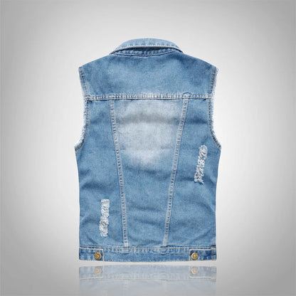 Men Denim Vests Jackets Waistcoats Light Blue Ripped Denim Coats Vests New Fashion Male Cotton Slim Black Jeans Waistcoats 6XL