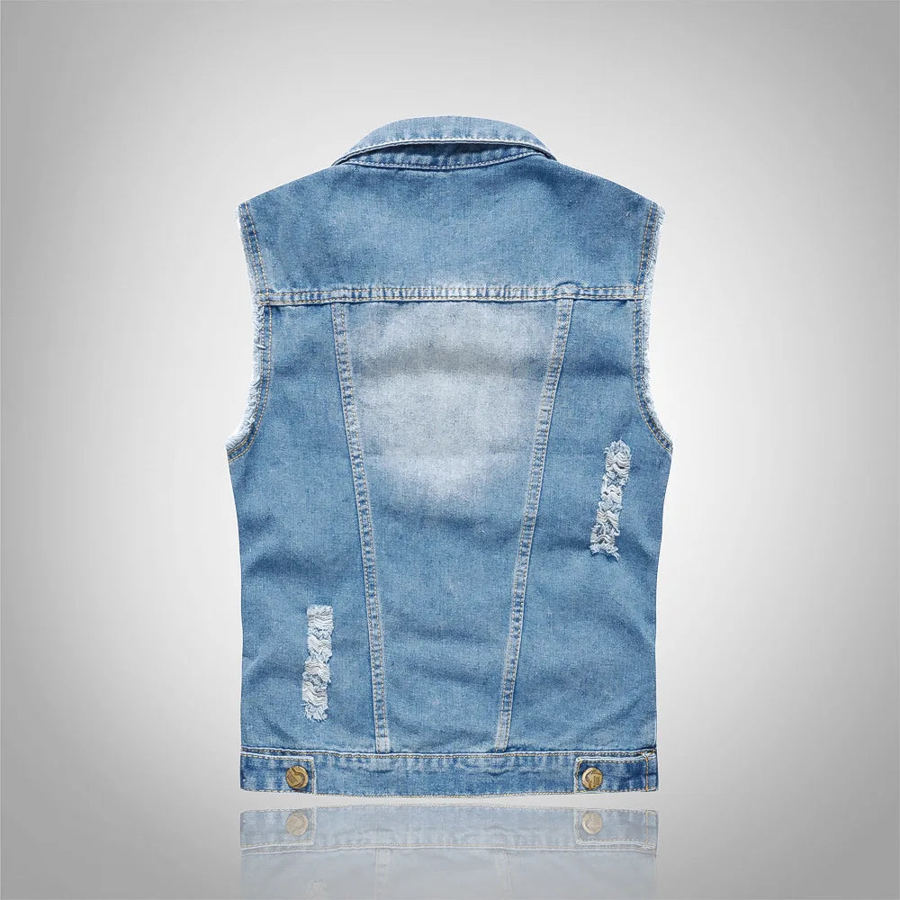Men Slim Denim Vests Waistcoats Jackets Fashion Male Blue Fit Denim Coats Vests Large Size Punk Style Holes Jeans Vest Size 6XL