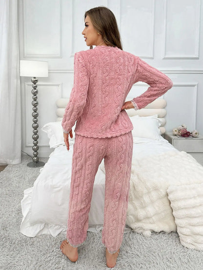 Autumn Winter Pajama Set for Women's Velvet Warm Casual Tops and Long Trousers Set Home Wear Sleepwear Loungewear