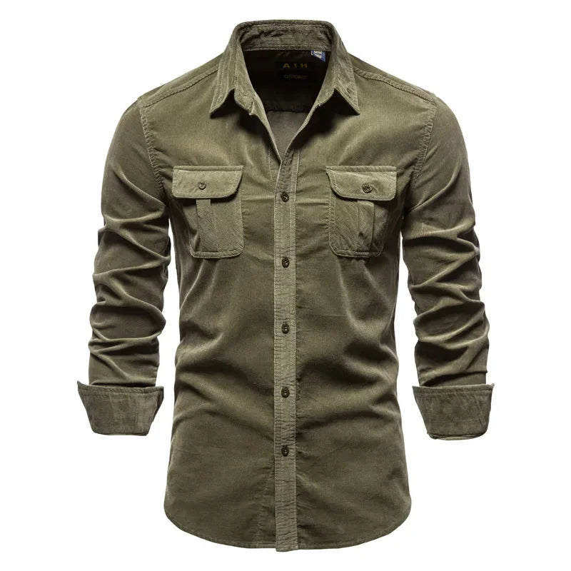 Fashion Single Breasted Cotton Men's Shirt Business Casual Fashion Solid Color Corduroy Men Shirts Autumn Slim Shirt Men