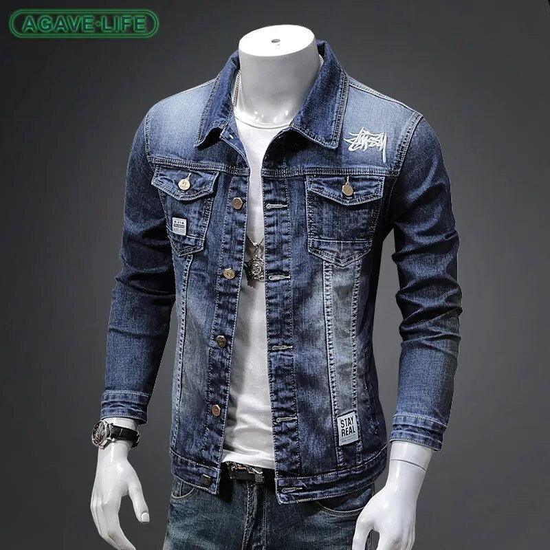 Embroidered Denim Coat Men Spring and Autumn Jeans Jacket , Tops Men Jacket High-quality Denim Outerwear