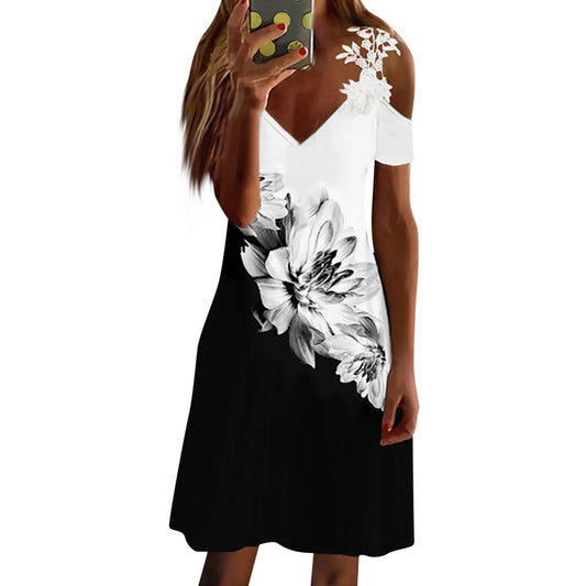 Dresses For Women Summer Casual Plus Size Women Fashion Printed V Neck Cut Out Sleeve Short Sleeved Casual Button платье женское