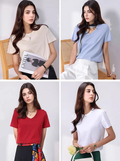 SuyaDream Women Solid T shirts, Silk Cotton Blend, O Neck, Short Sleeved Solid Tee,2026 Summer Candy Colors Basic Cozy Top Green