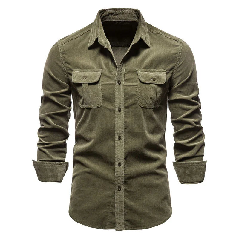 Fashion Single Breasted Cotton Men's Shirt Business Casual Fashion Solid Color Corduroy Men Shirts Autumn Slim Shirt Men