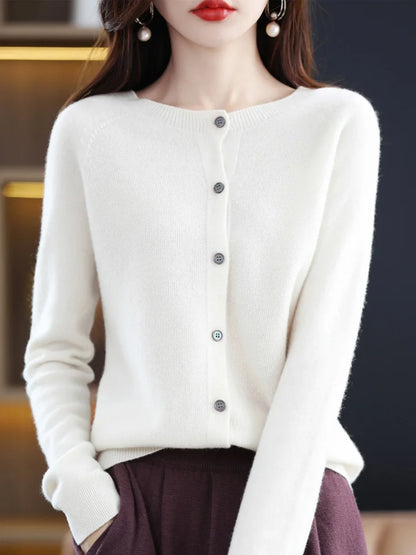 2026 New Chic Women's Basic O-neck Cardigan 100% Merino Wool Sweater Soft Grace Knitwear CoatSpring Autumn Female Clothes Tops