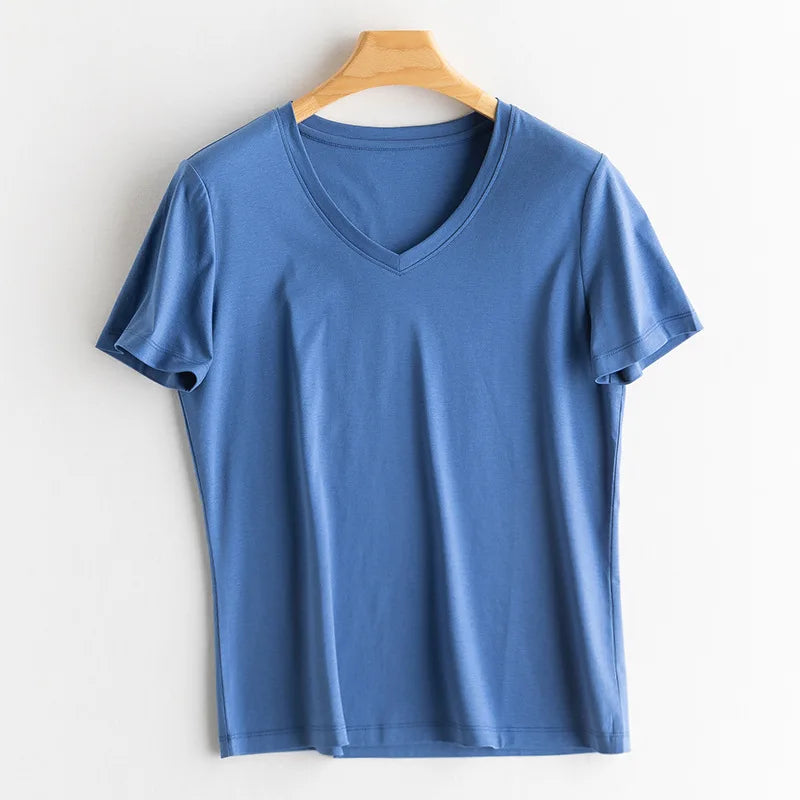 SuyaDream Women Solid T shirts, Silk Cotton Blend, O Neck, Short Sleeved Solid Tee,2026 Summer Candy Colors Basic Cozy Top Green