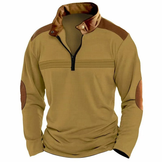 Men's contrasting half-zip stand-up collar long-sleeved top with European and American retro elbow patch design casual pullover