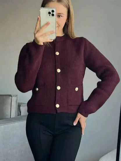 Women's Winter Slim Short Knitted Cardigan Jacket Retro Round Neck Gold Breasted Decoration Elegant Women's Casual Jacket