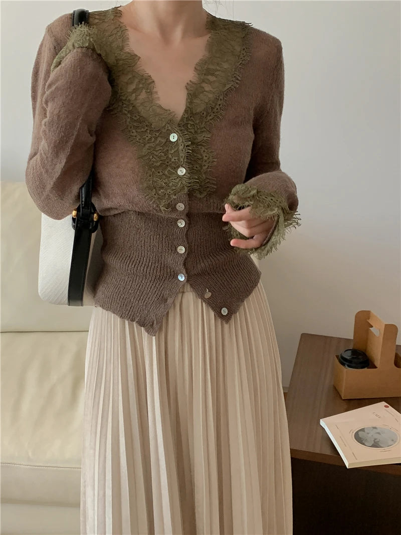 Seoulish Vintage Lace Knitted Cardigans for Women 2026 New Autumn Winter Solid Casual Slim Korean Style Ladies Tops Female
