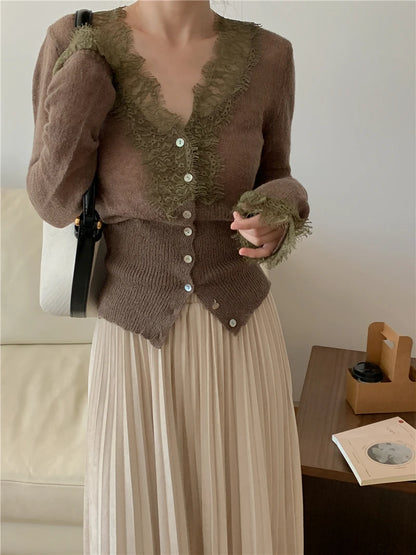 Seoulish Vintage Lace Knitted Cardigans for Women 2026 New Autumn Winter Solid Casual Slim Korean Style Ladies Tops Female